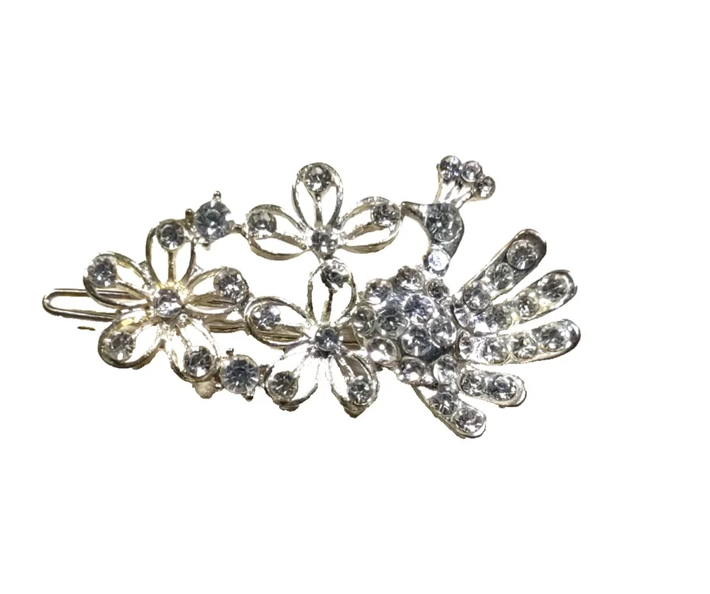 Delightful Peacock Hair Barrette Silver Tone Rhinestone Floral Bird Feminine